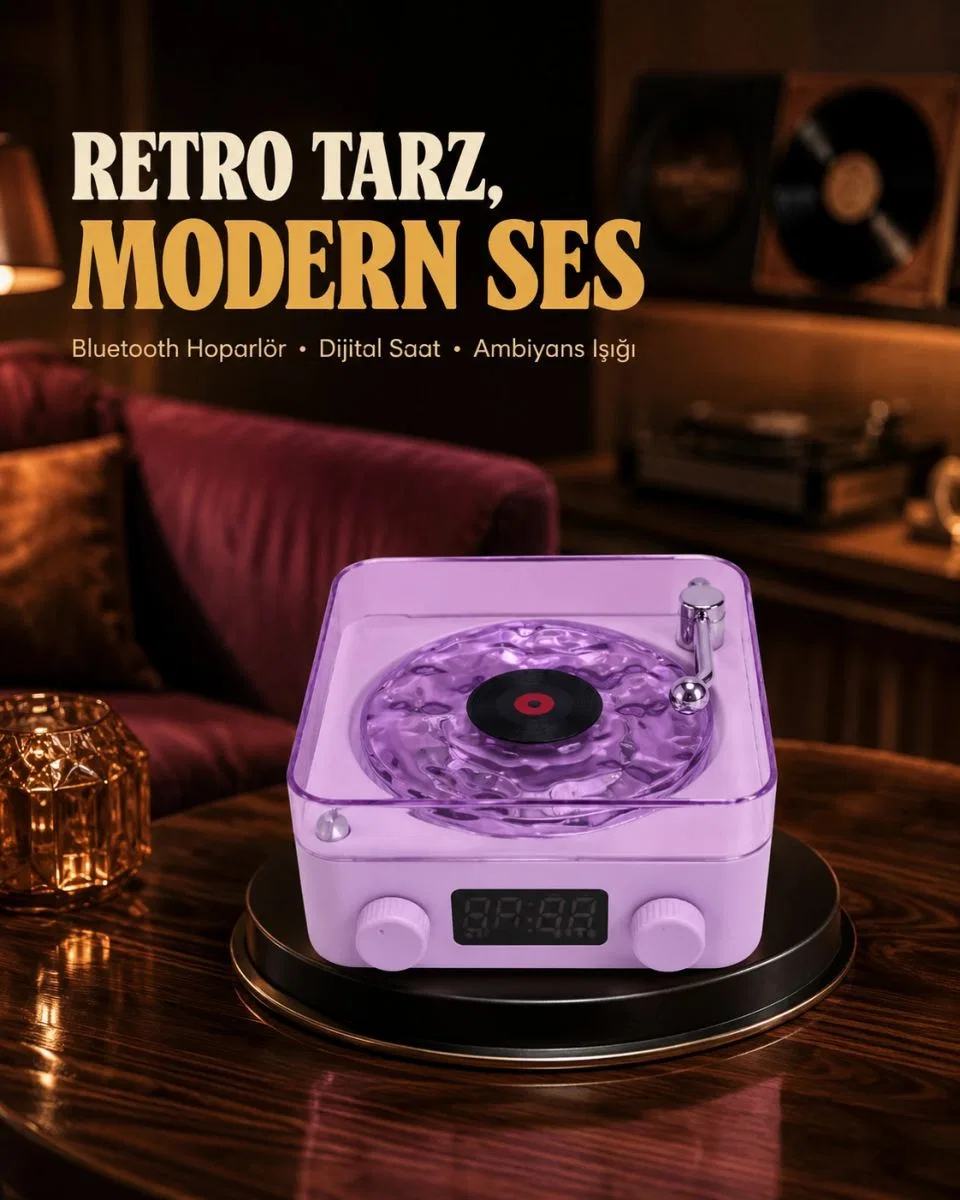 Projektör Işıklı Retro Hoparlör Bluetooth Aux Usb Hafıza Kartlı 360° Sesli Şarjlı