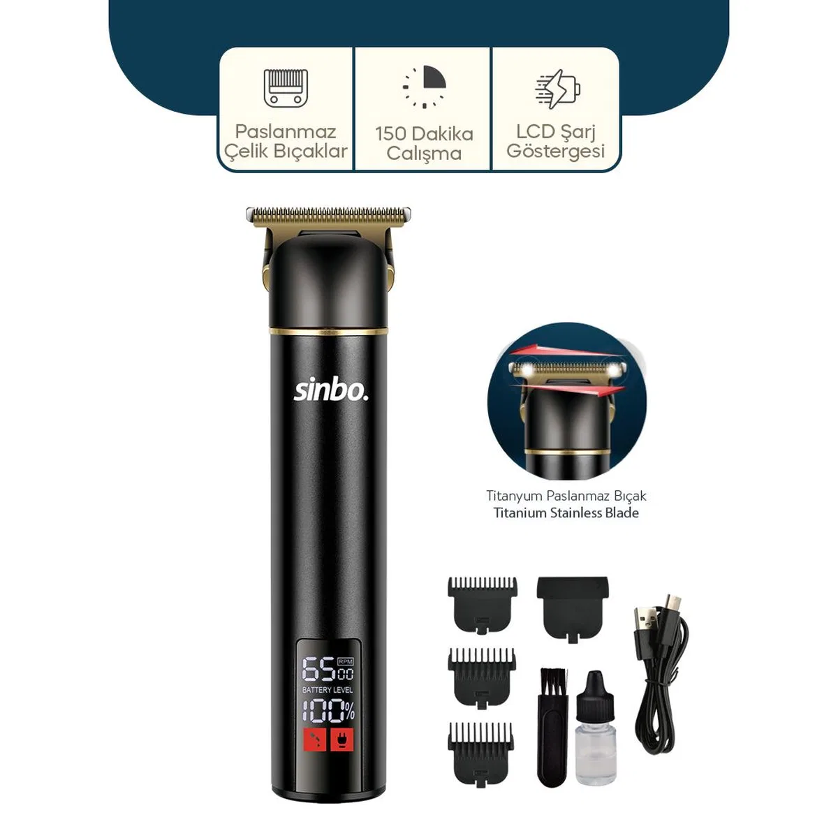 USB Şarjlı LCD Saç ve Sakal Kesme Makinesi - Alüminyum Gövde görsel 2