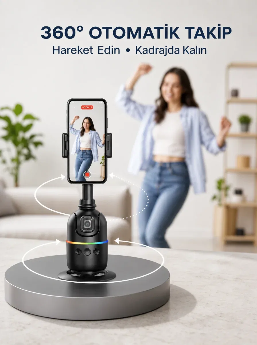 Yapay Zeka Destekli Yüz Takip Özellikli 360 Derece Dönen Masaüstü Telefon Sabitleyici Yeni Nesil
