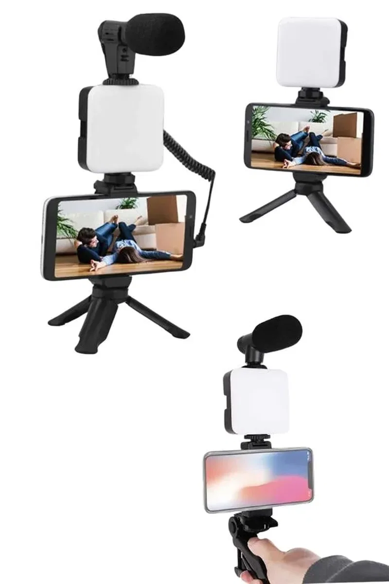 Akıllı Telefon Vlog Kiti Tripod Mini Mikrofonlu Telefon Tutucu görsel 4
