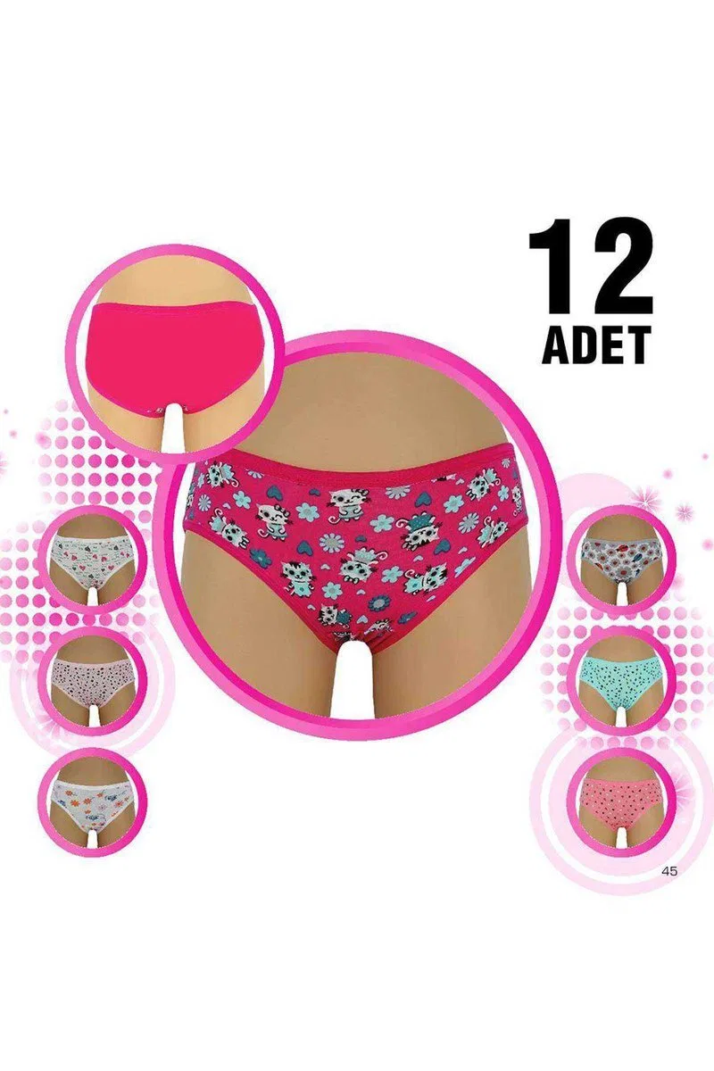 12 Adet Kız Çocuk Desenli Slip Külot görsel 2