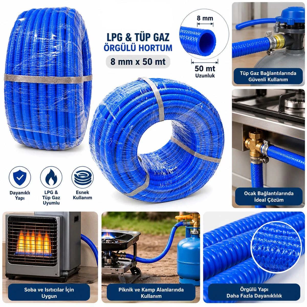 Örgülü LPG/Tüp Gaz Hortumu 8mm x 50m görsel 3
