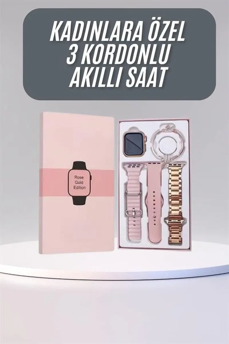 Akıllı Saat 3 Kordonlu Ve Aksesuarlı Bayanlar Için Şık Rose renk görsel 2