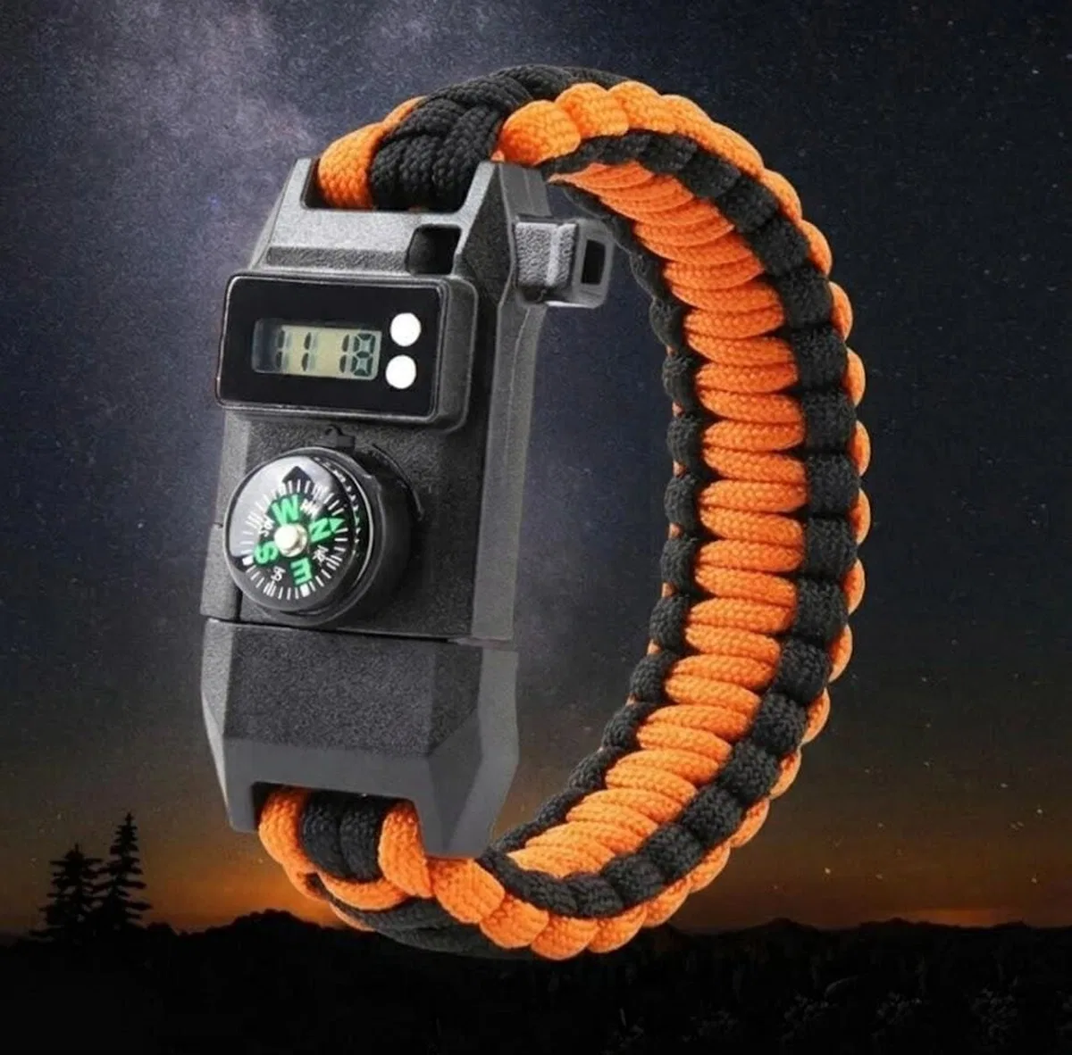 Paracord Dijital Saat Düdük Hayatta Kalma Turuncu Kamp Bilekliği görsel 2