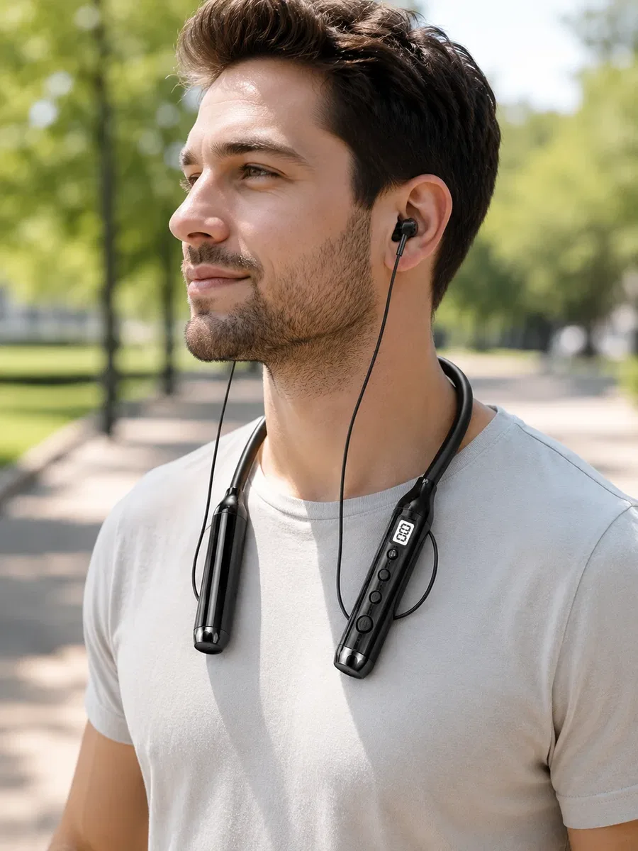 Kablosuz Bluetooth Boyun Kulaklığı 10 Metre Menzilli Mikrofonlu Ses Kontrollü Uzun Kullanım Süreli Kulak İçi Kulaklık görsel 3