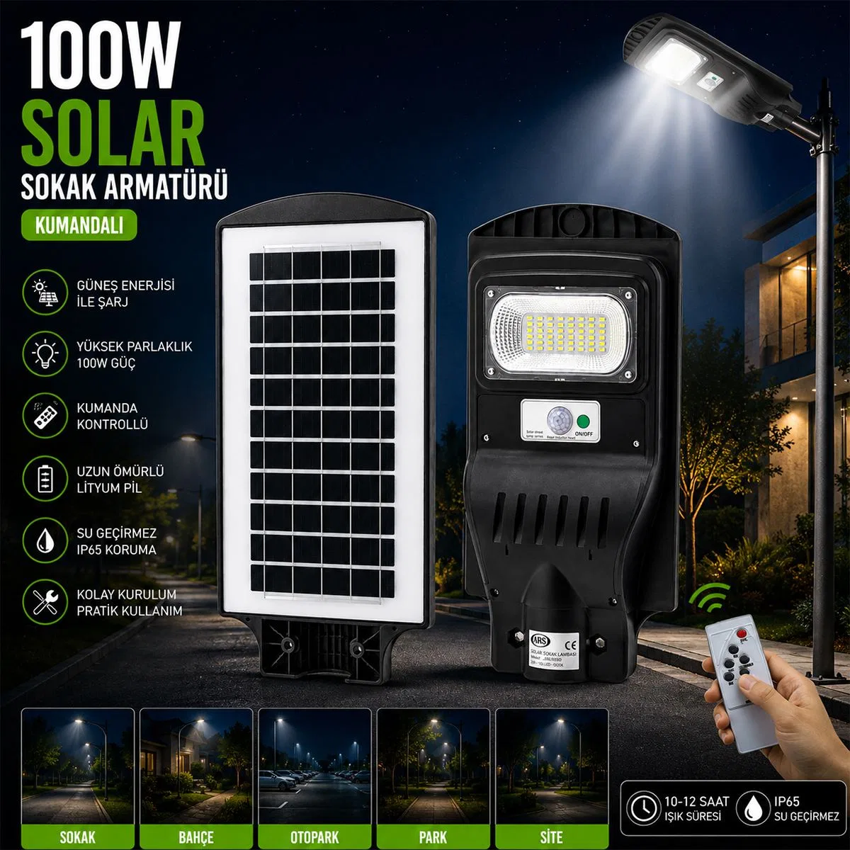100W 6500K Solar Sensörlü Sokak Lambası görsel 3
