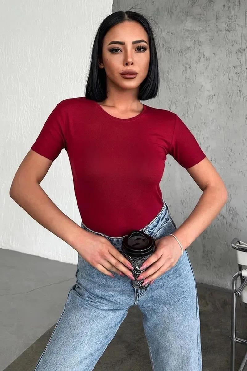 Rahat Ve Şık Kısa Kollu Bisiklet Yaka Likralı Viskon Penye Body Bordo görsel 2