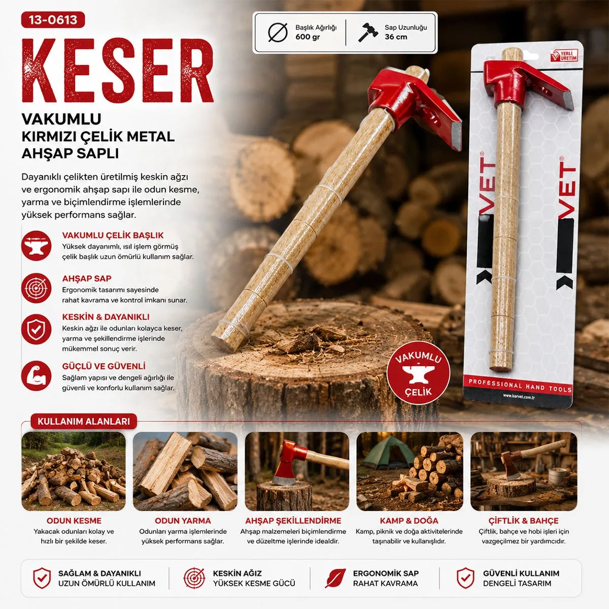 Çelik Keser Ahşap Saplı görsel 3