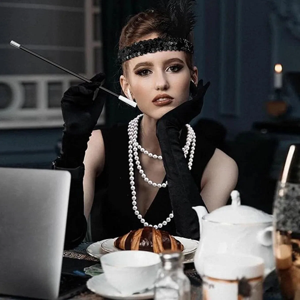 192039ler Gatsby Aksesuar Seti – Siyah Charleston Saç Bandı, Uzun Eldiven Lık görsel 3