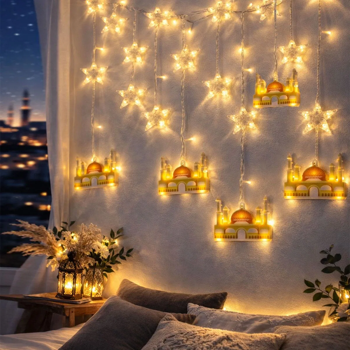Ramazan LED Perde Lamba 3m (Fişli, Eklemeli) - Sarı Cami ve Yıldız görsel 2