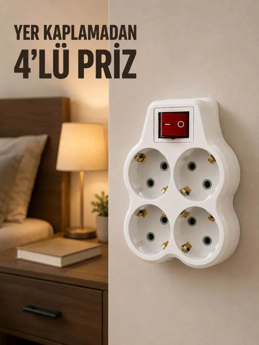 4’lü Priz Çoğaltıcı Açma Kapama Anahtarlı Kablosuz Duvar Tipi Priz Adaptörü
