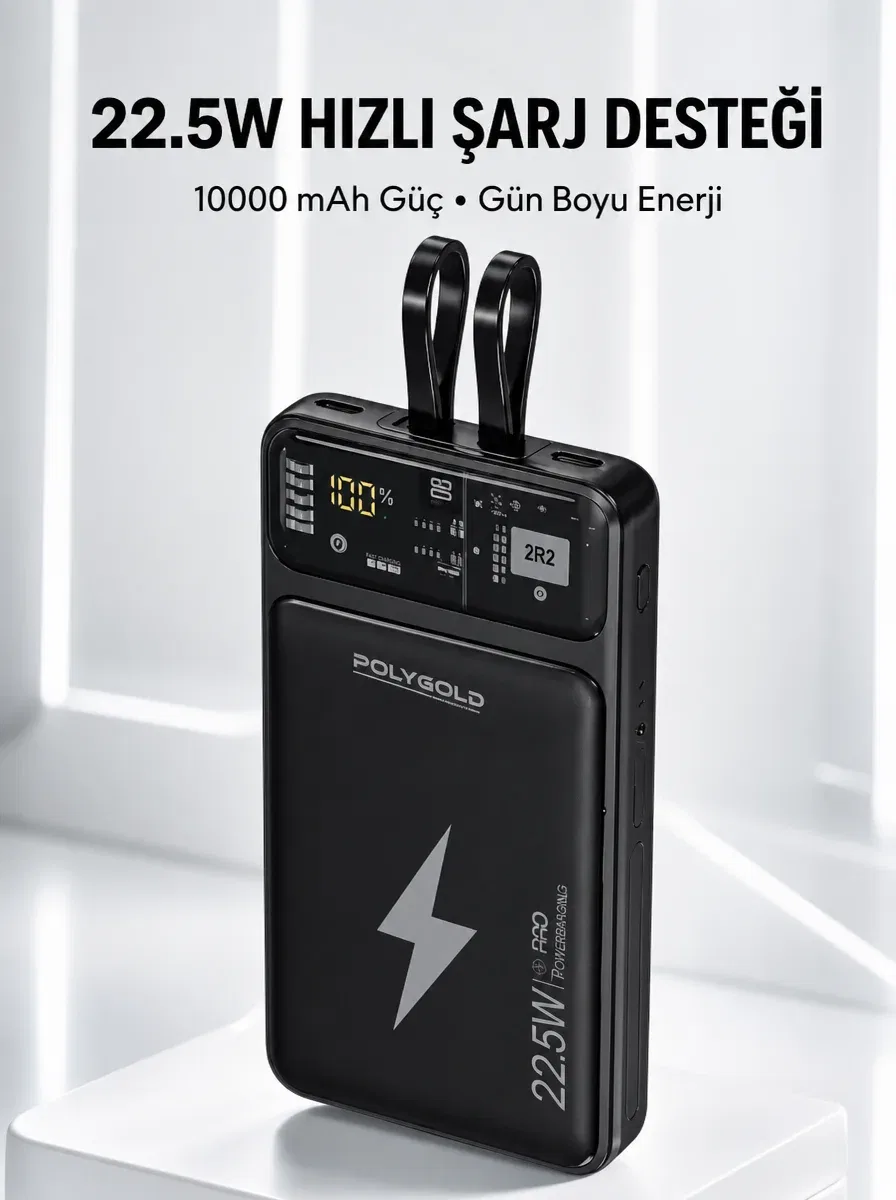 Powerbank Hızlı Şarj 10000 mAh Dahili Kablo Yeni Nesil