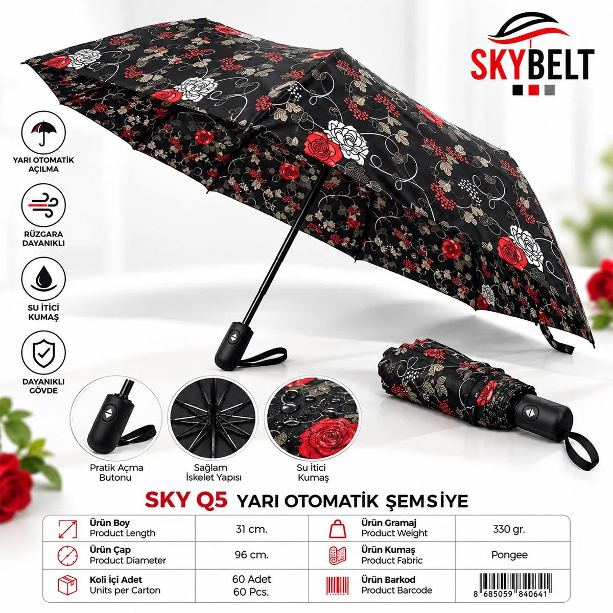 Bayan Yarı Otomatik 8 Tellİ Renkli Desenli Şemsiye