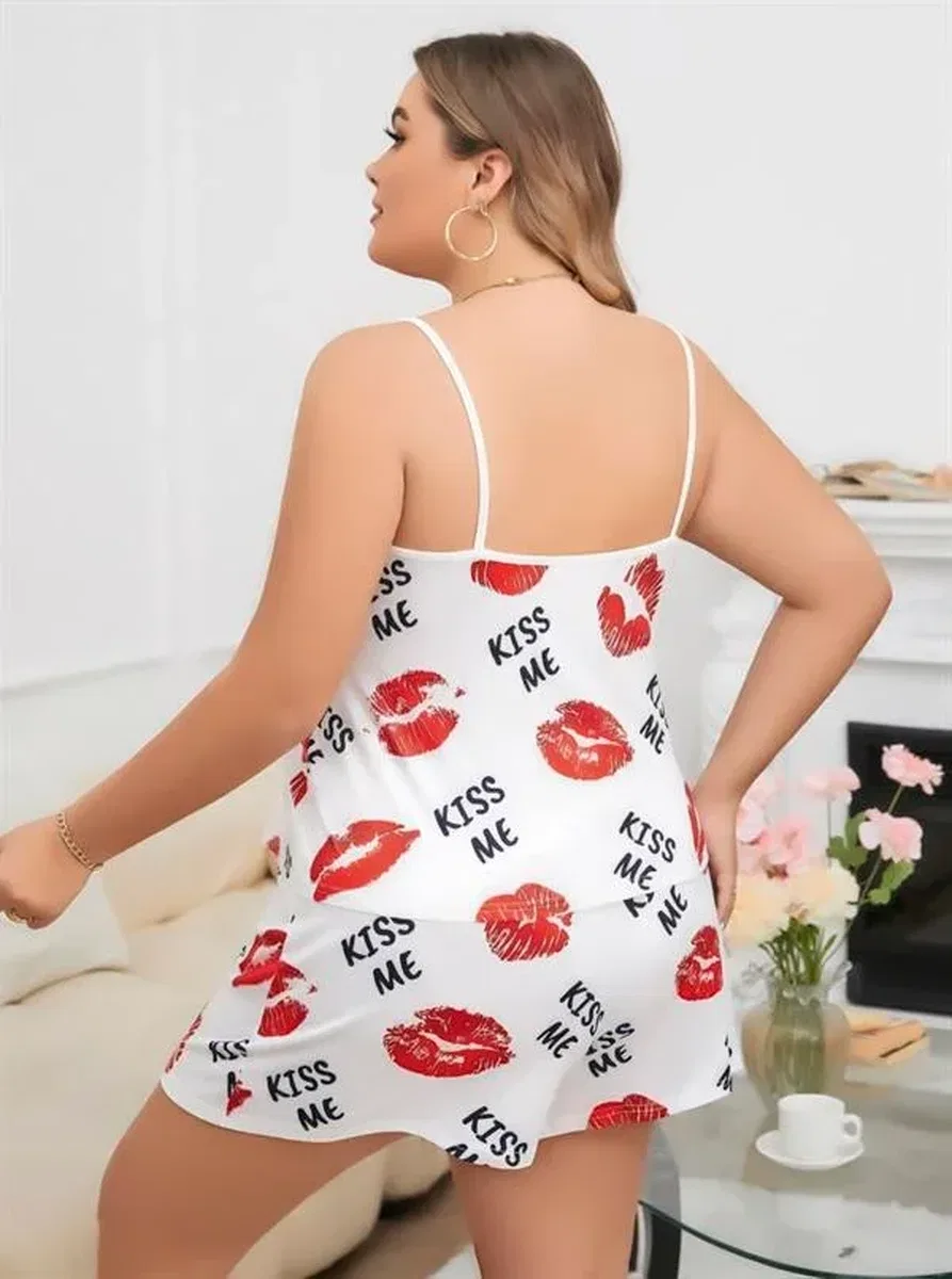 Büyük Beden Kiss Me Öpücük Desen Pamuklu Şortlu Pijama Takımı görsel 3
