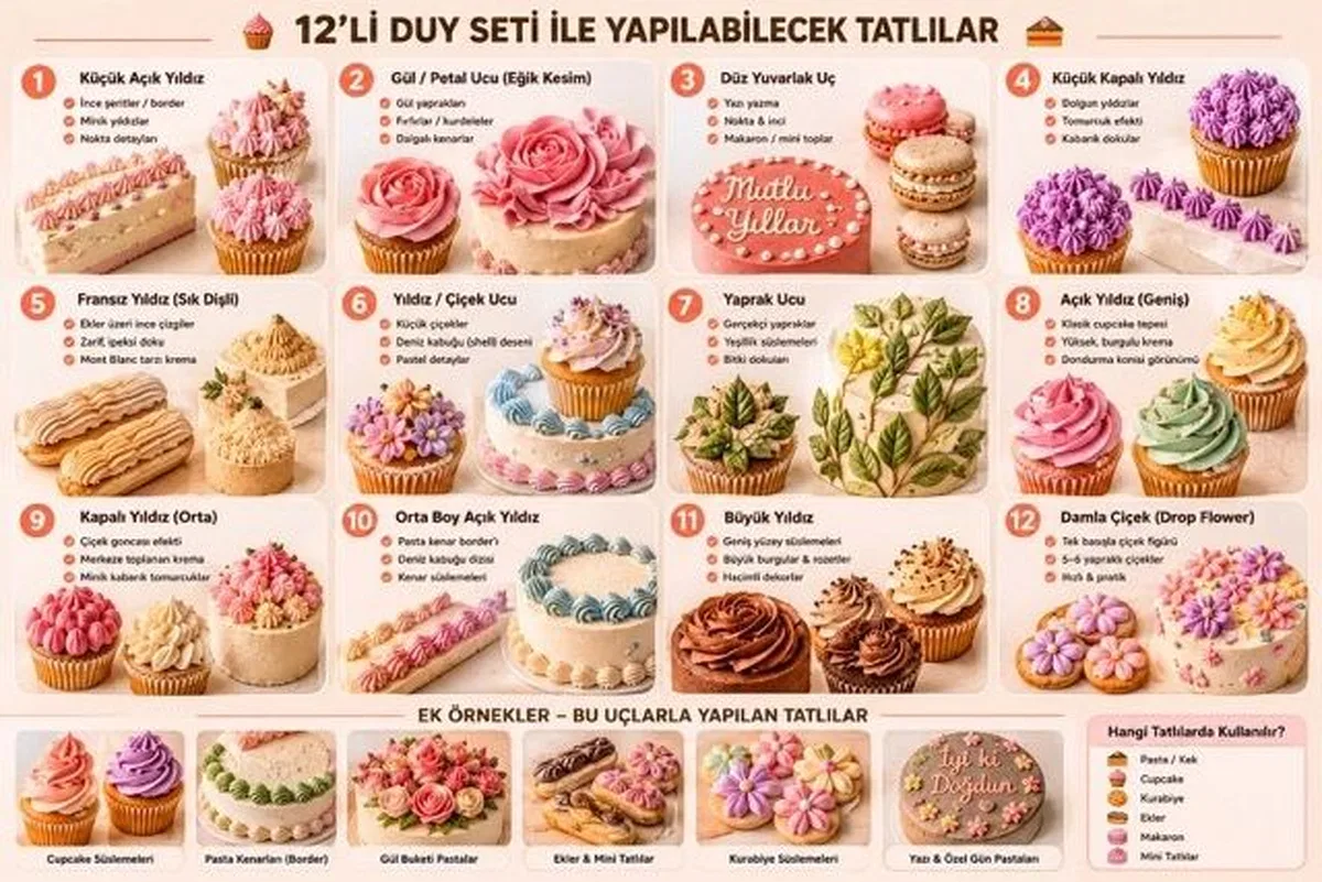 12’li Profesyonel Paslanmaz Çelik Pastacı Duy Seti – Detaylı Dekorasyon Ve Süsleme Uçları görsel 3