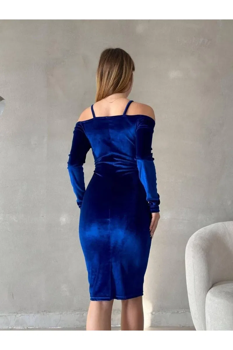 Kadın Minimal Tasarım Kalp Yaka Uzun Kol Balık Kesim Abiye Elbise görsel 6