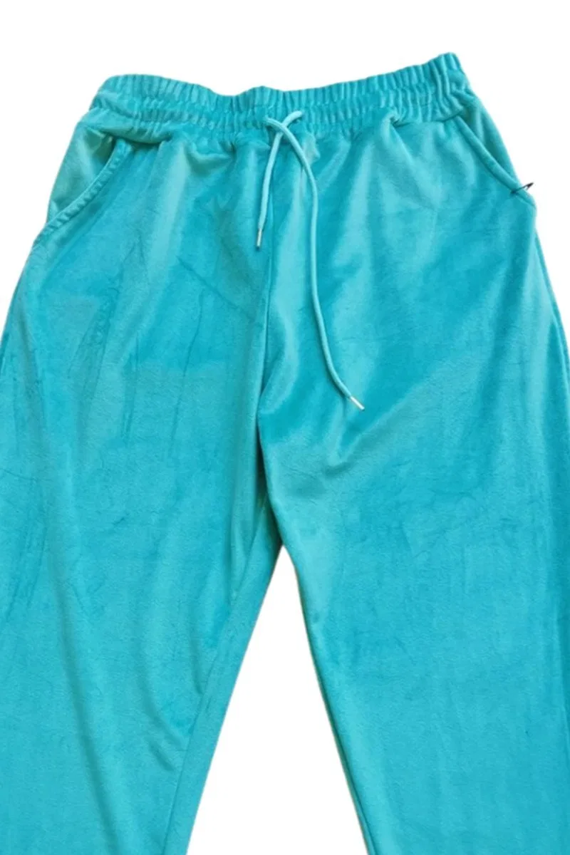 Parlak Kadife Cepli Pantolon Eşofman Pijama Altı Uni Lastikli Paça Yeşil görsel 2