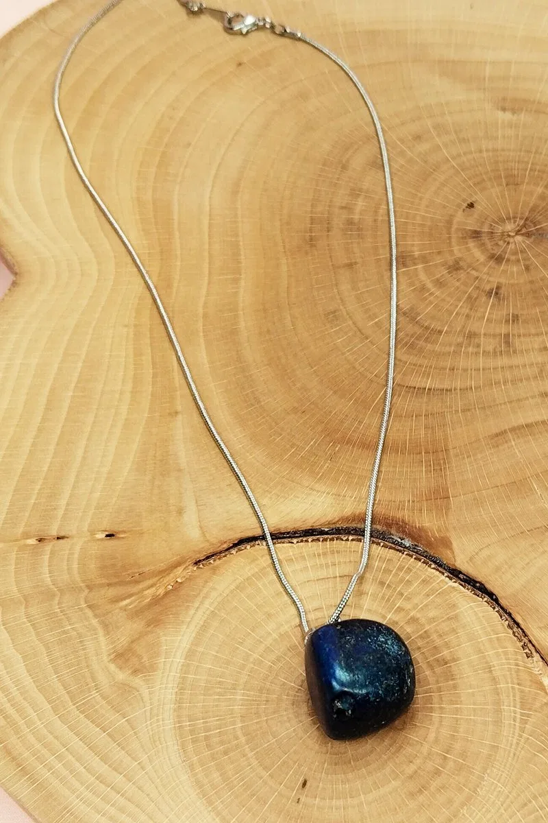 Lapis Lazuri Doğal Taşı Zincirli El Yapımı Kolye Uç: 2 cm Zincir: 20 cm Kutulu görsel 6