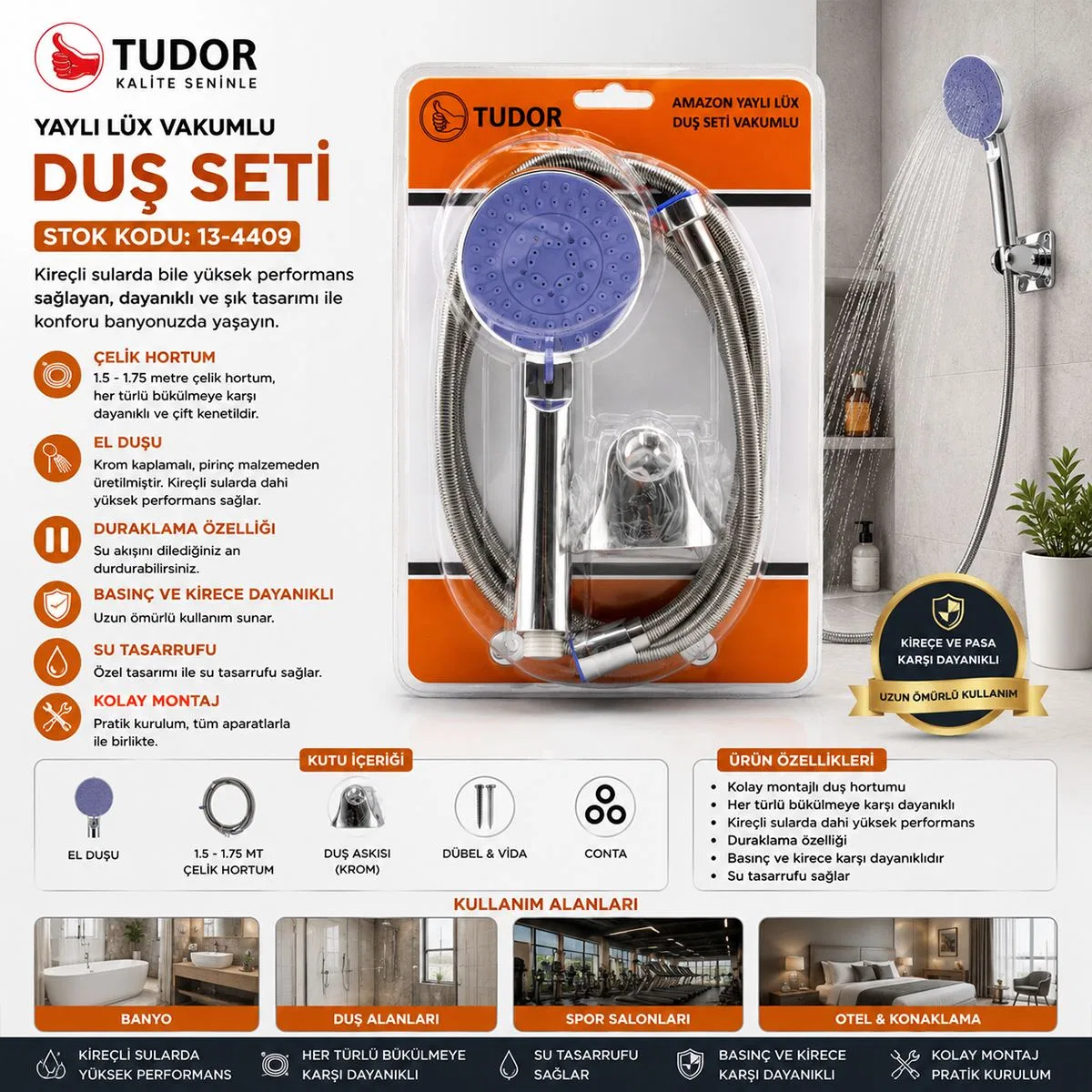 Krom Vakumlu Lüks Duş Seti - 150 cm Metal Yaylı Hortum görsel 2