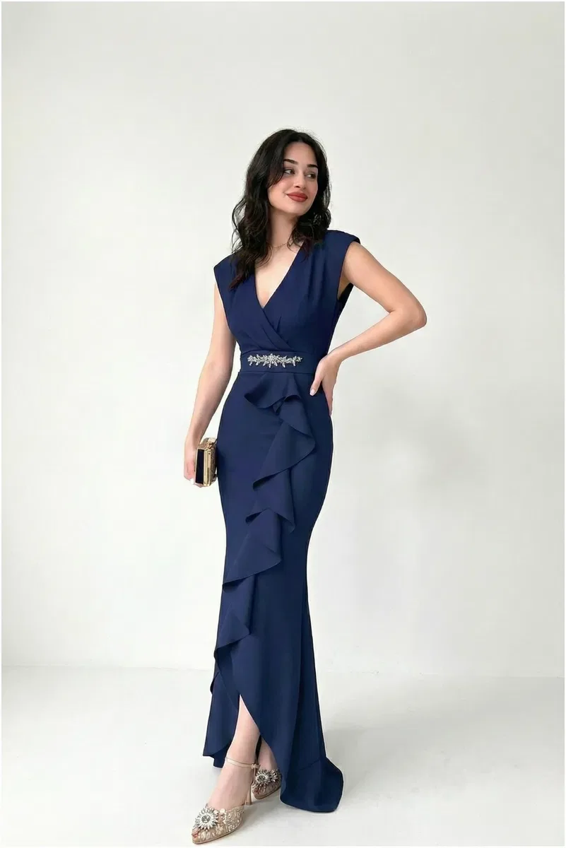 Kadın Şık Kruvaze Yaka Taşlı Volanlı Abiye görsel 4