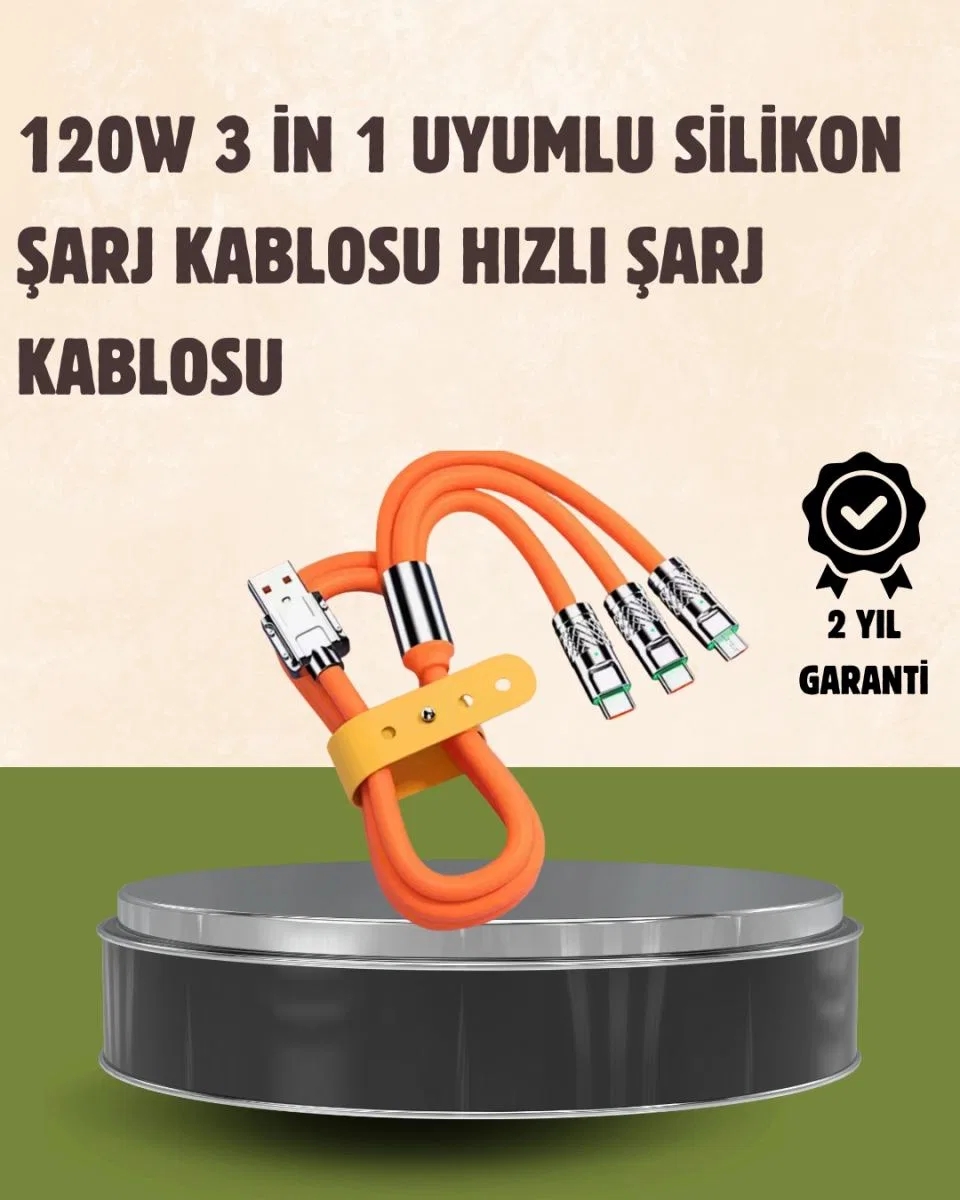 120 w Şarj Ve Veri Aktarımı Kablo– 3 Başlıklı Çok Amaçlı Kablo Yüksek Hızlı