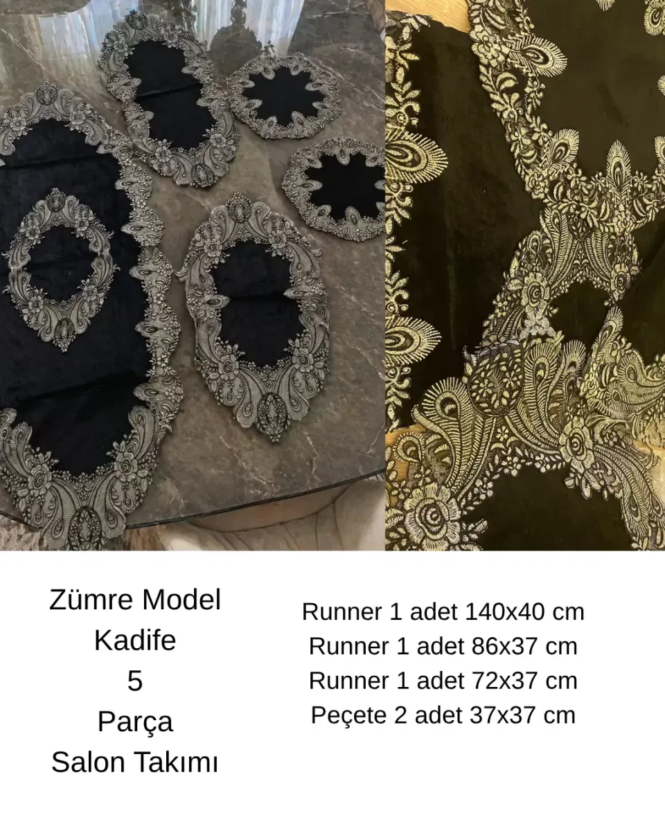 Zümre Siyah Velvet Kadife Dantelli 5 Parça Salon Takımı Masa Örtüsü Runner Seti Şık Tasarım