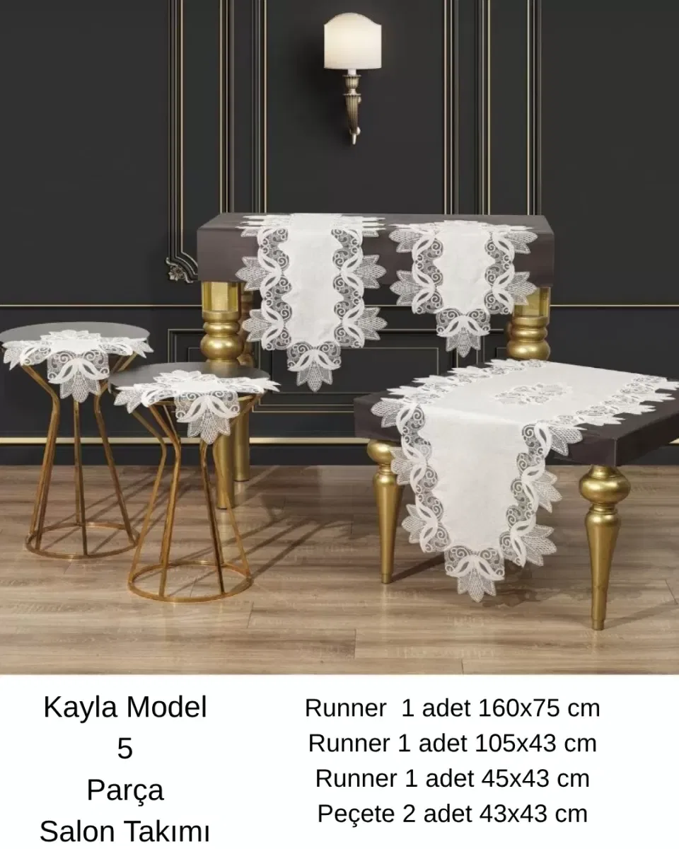Kayla Krem-Gold Model 5 Parça Keten Dantelli Masa Örtüsü Runner Seti Salon Takımı görsel 7