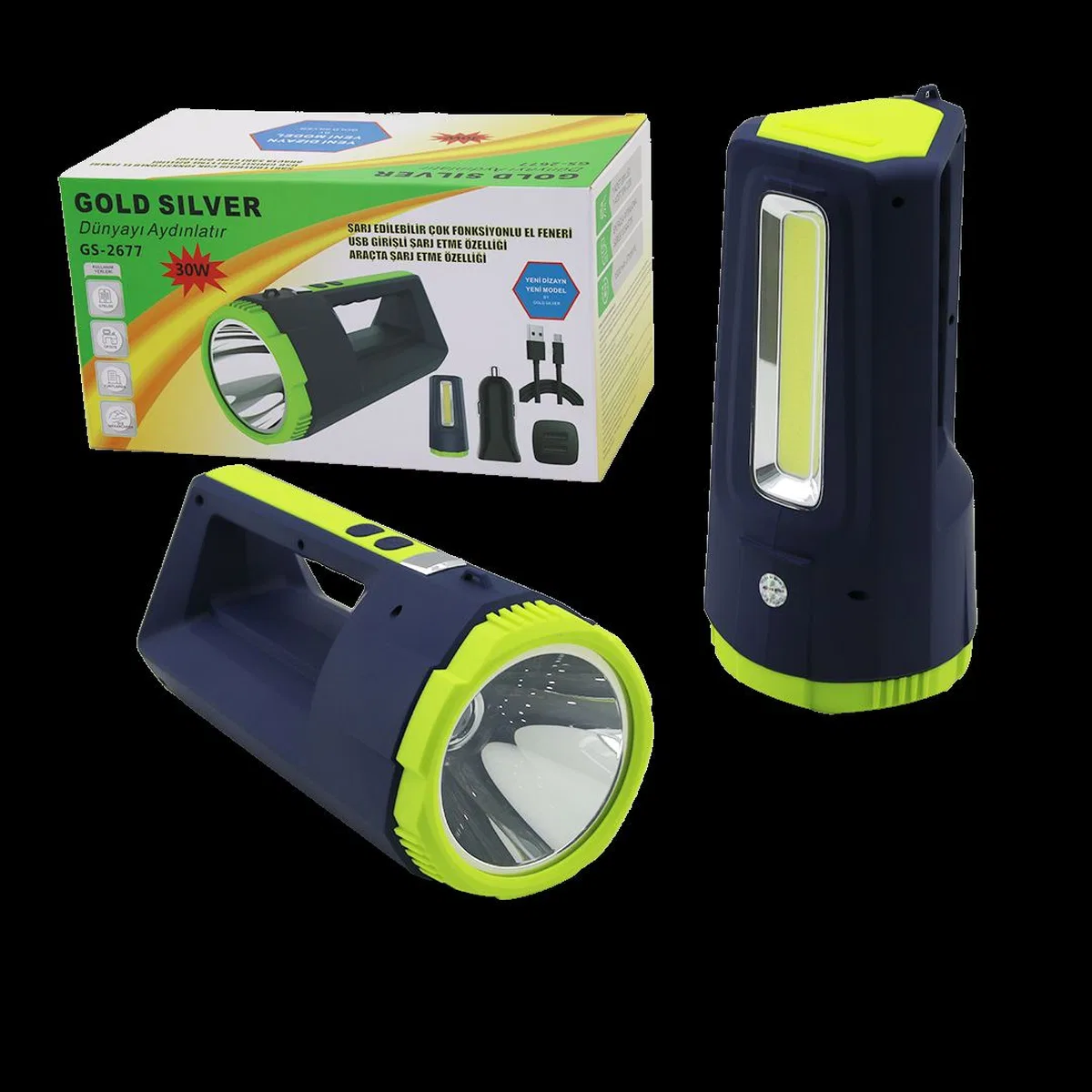 2in1 30W/10W COB LED USB & Oto Şarjlı El Feneri Projektör görsel 2