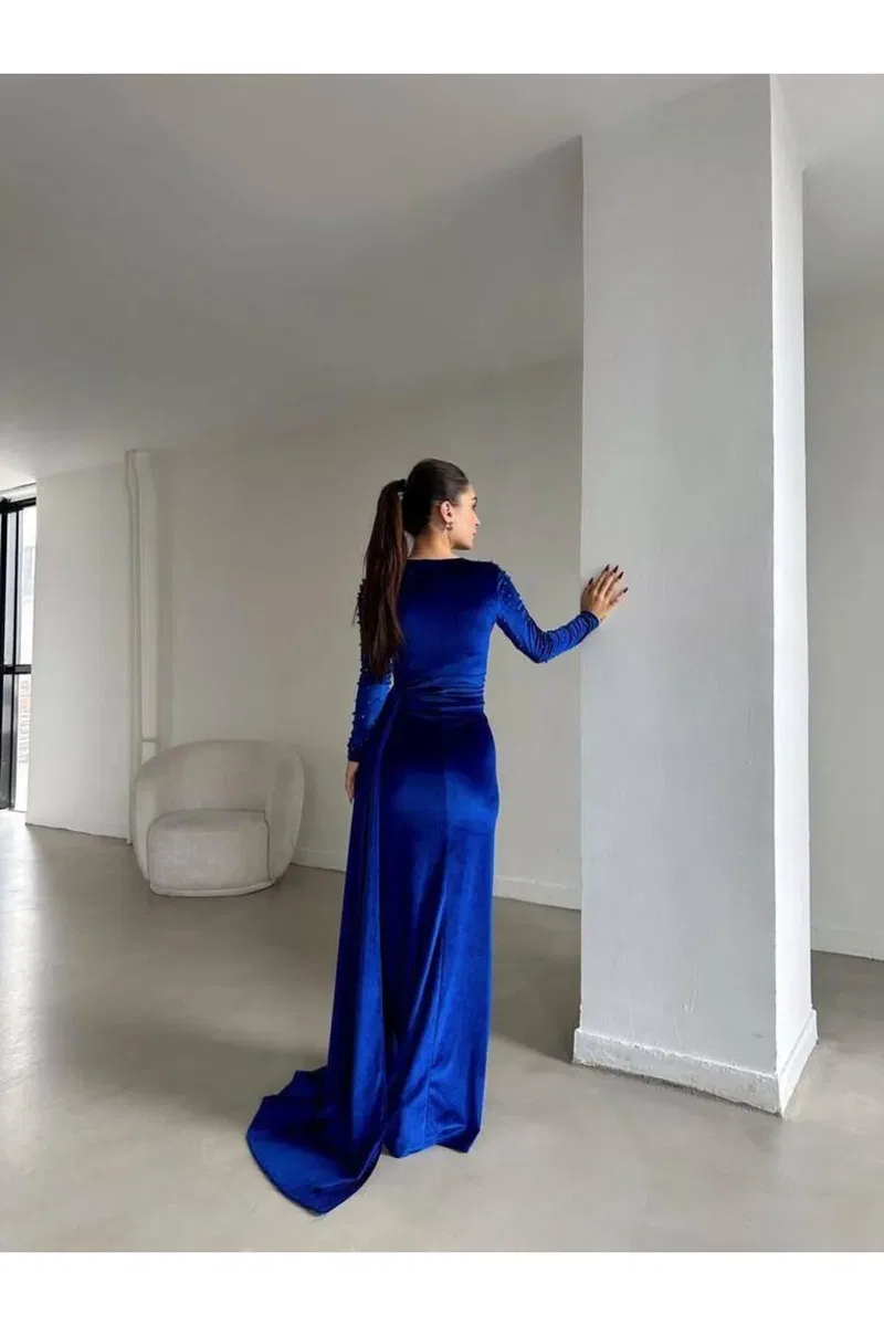 Kadın Şık Model V Yaka Uzun Kol Balık Kesim Abiye Elbise görsel 4