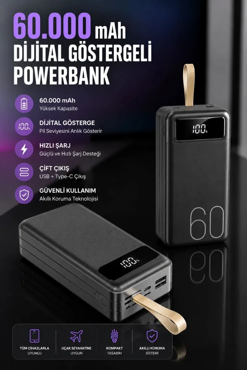Powerbank 60. 000 Mah Hızlı Şarj 4 Çıkışlı Uzun Şarj Süreli Dijital Göstergeli