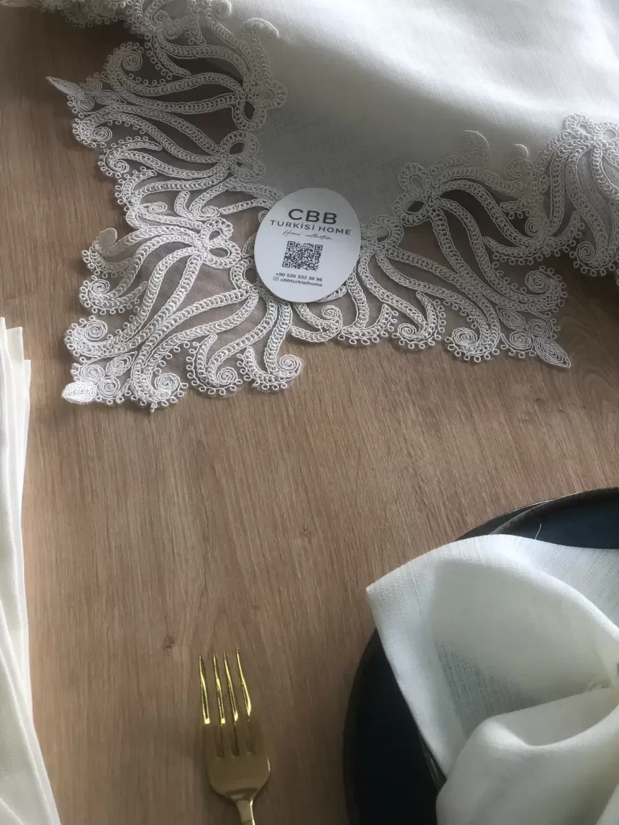 Sofra Takımı 155x220 cm Masa Seti Keten Dantelli Dekoratif Gülse Model Yemek Masası Örtüsü Krem görsel 7