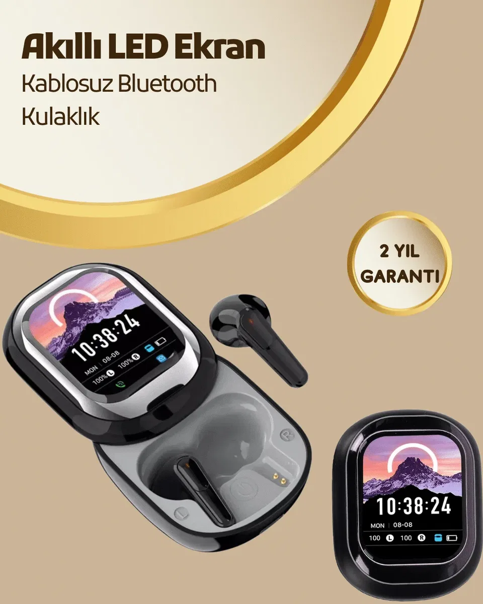 Akıllı Ekranlı Bluetooth 5. 4 Kablosuz Kulaklık – Dokunmatik ve Şarj Kutulu