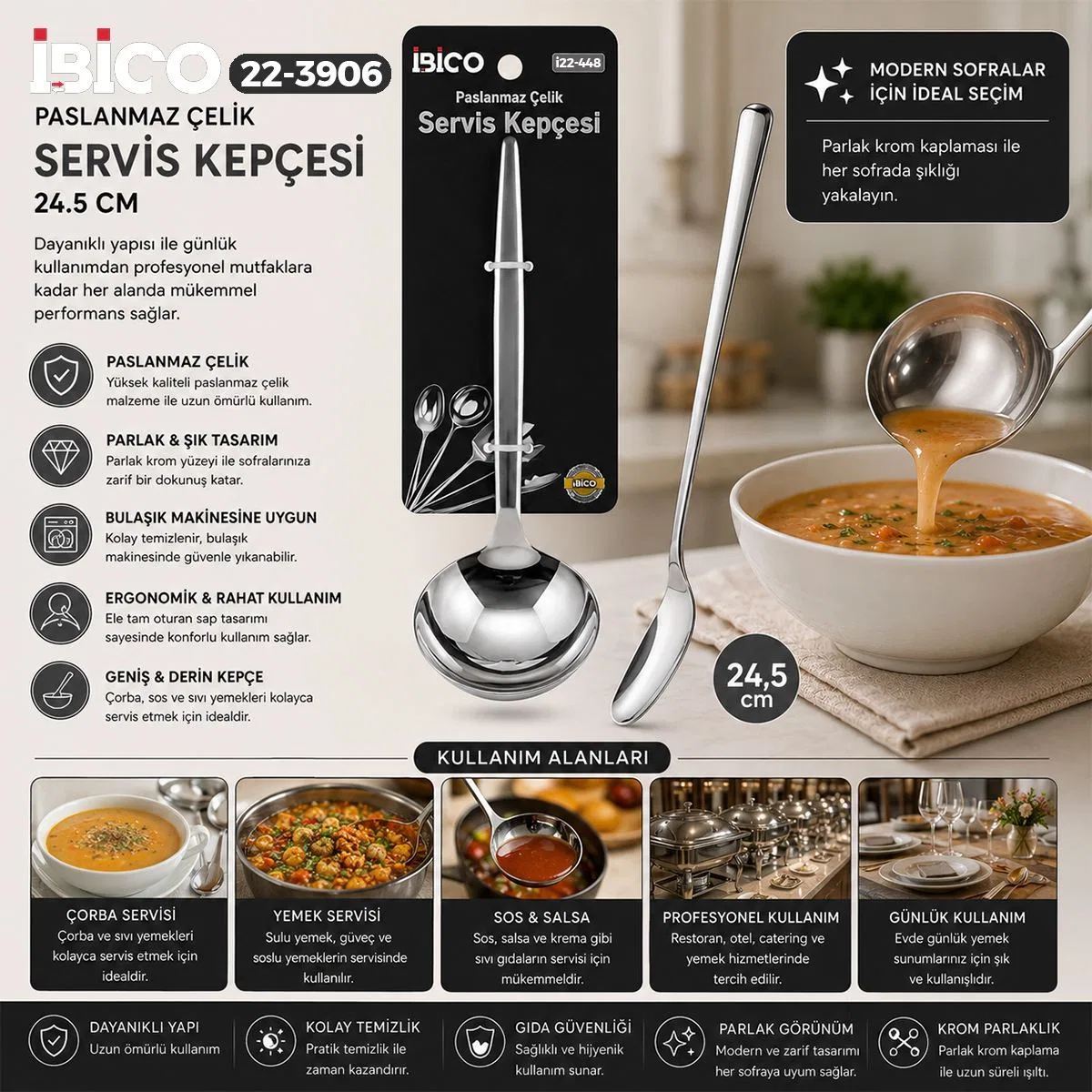 Krom Metal Servis Kepçe 24. 5 cm görsel 2