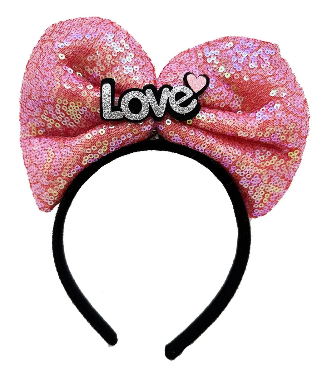 Led Işıklı 3 Farklı Fonksiyonda Yanan Gümüş Love Yazılı Fuşya Pembe Fiyonk Taç 20x17 Cm görsel 2