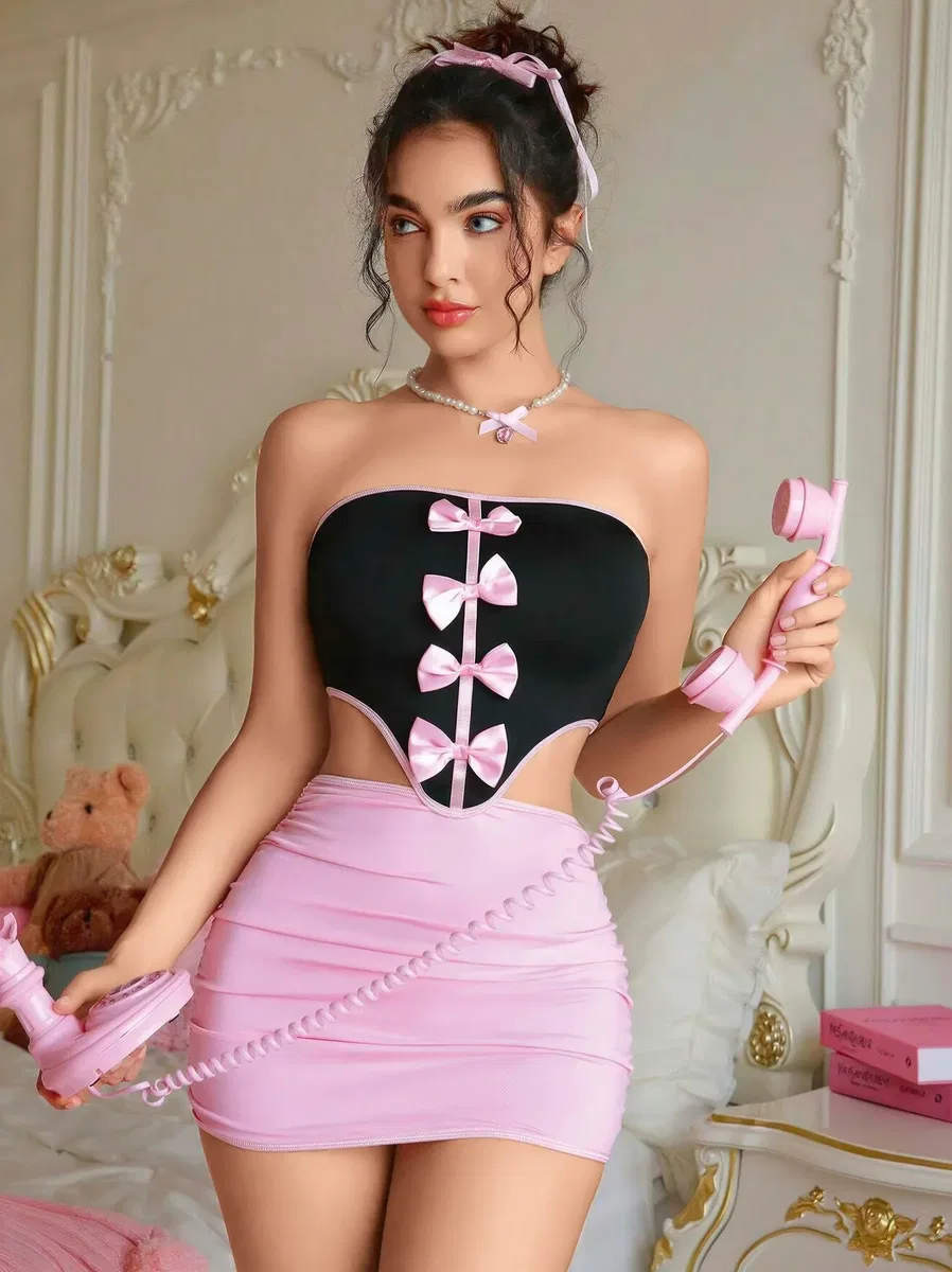 Kadın Pembe Etekli Fiyonk Detaylı Elbise 2154