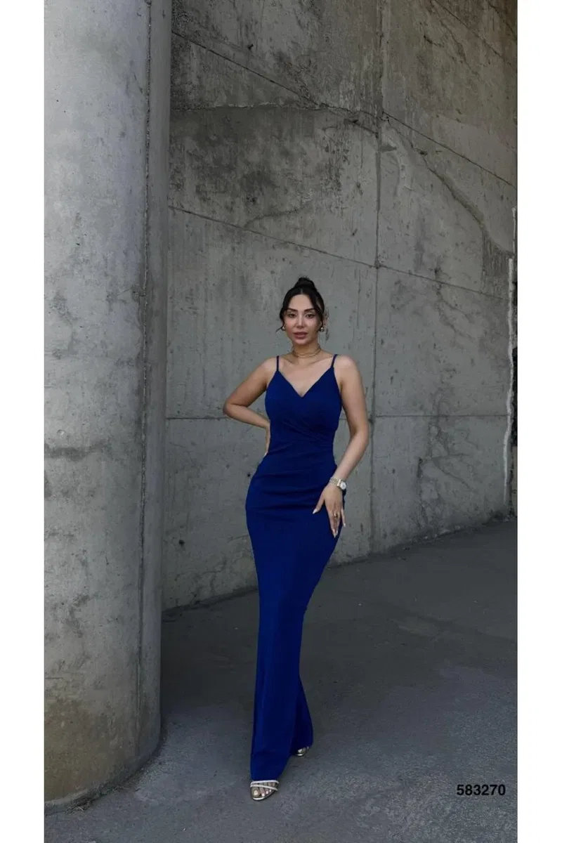 Kadın Modern Stil Mezuniyet Elbisesi V Yaka Askılı Balık Kesim Abiye Elbise görsel 5