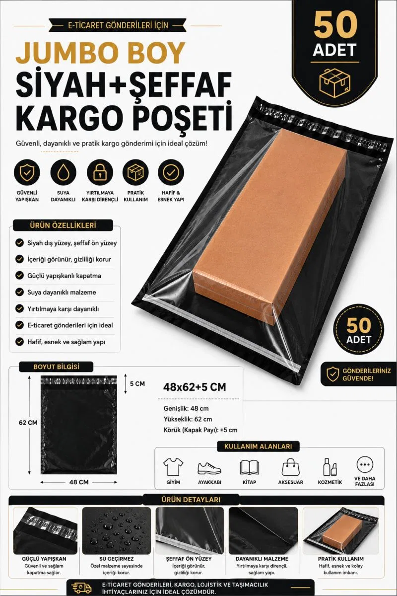 Jumbo Boy Siyah Şeffaf Kargo Poşeti 48x62+5 Cm 50 Adet görsel 2