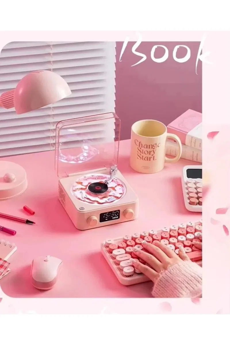 Waves Nostalji Plak Görünümlü Bluetooth Hoparlör 3d Ses Dalgası Retro Müzik Plak Pembe görsel 5