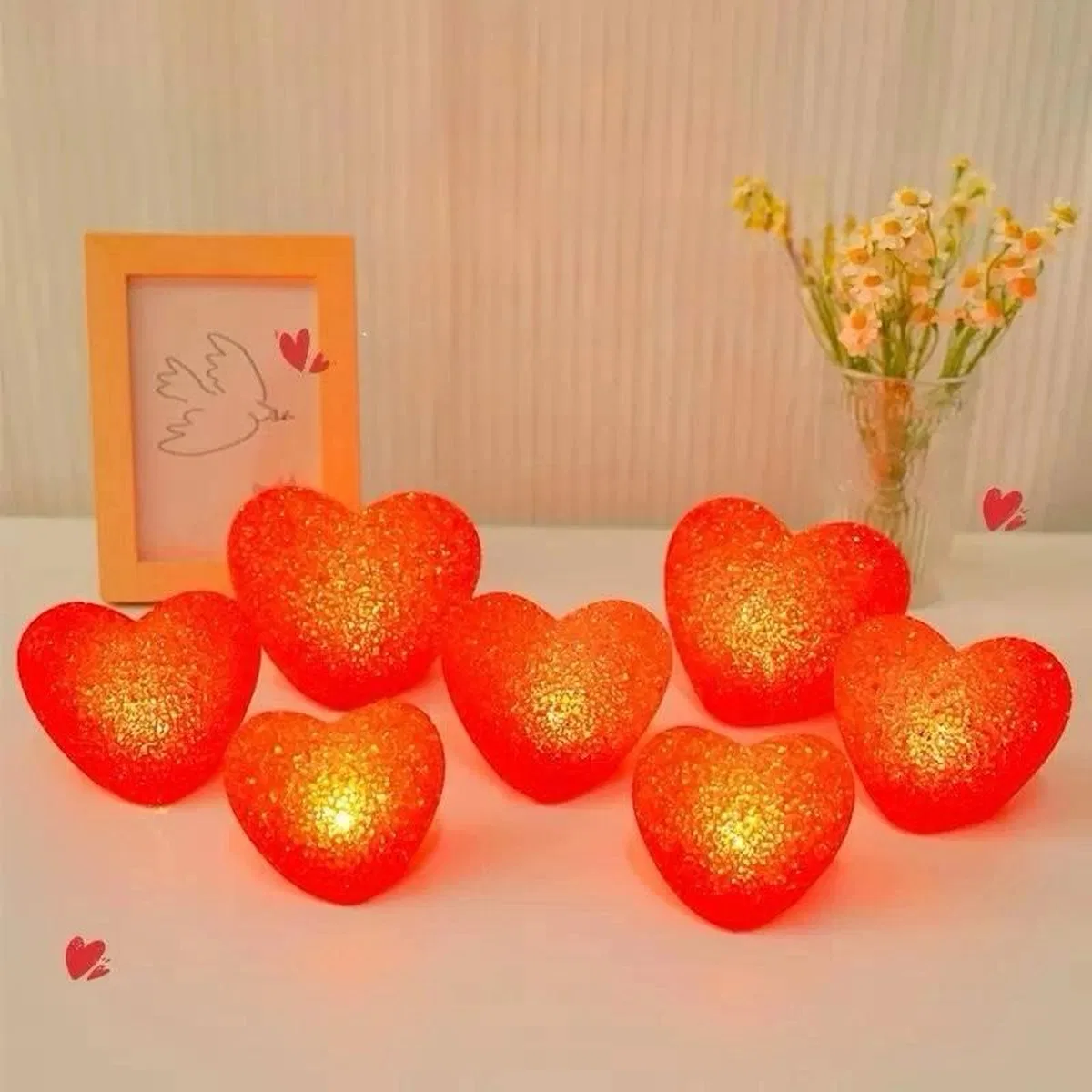 Led Işıklı Kırmızı Kalp Gece Lambası 12'li Paket