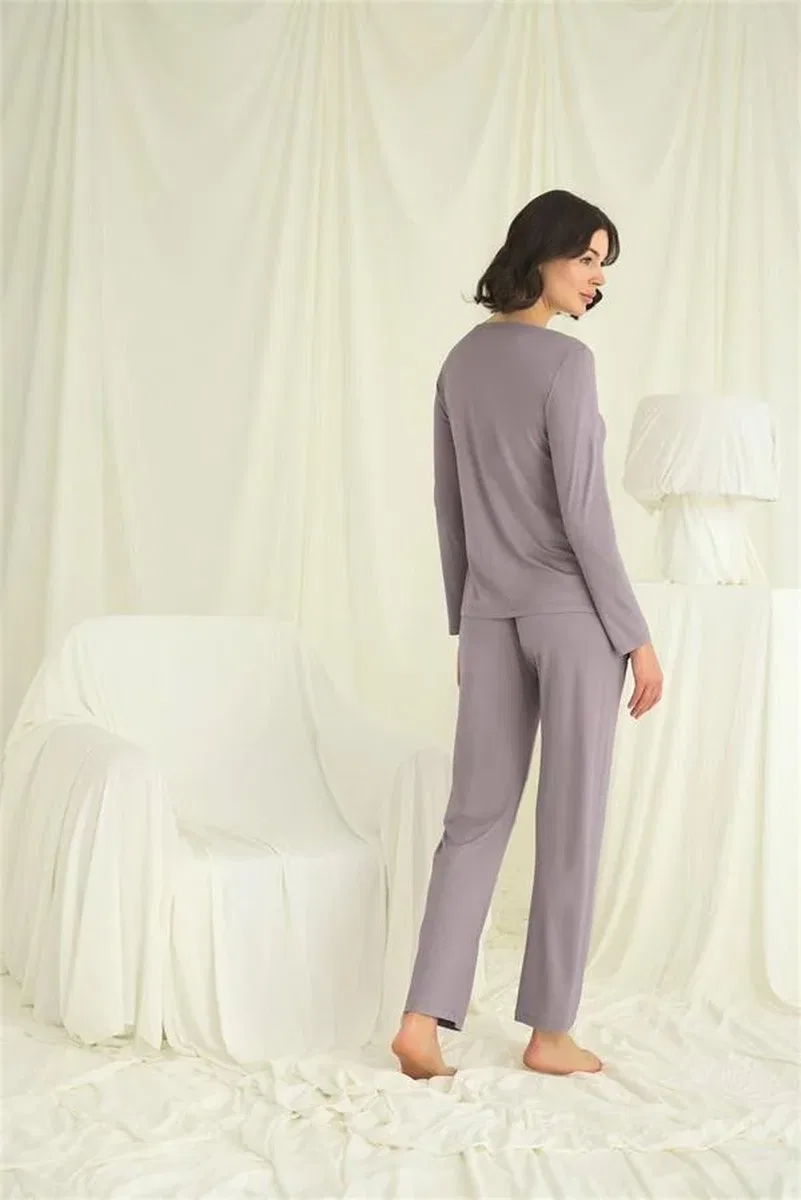 Yakası Kolu ve Omzu Dantelli Boydan Düğmeli Pijama Takımı görsel 6