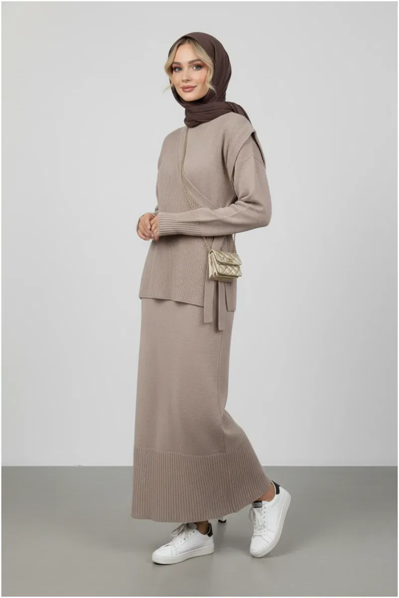 Kadın Şık Açık Kahve Modest Triko Tunik Takım Elbise görsel 2