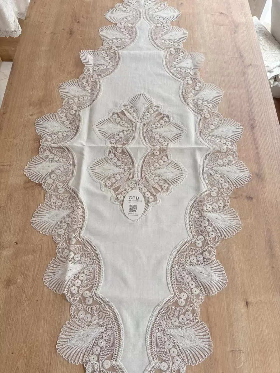 Salon Takımı Çeyizlik Krem Runner Set 5 Parça Keten Ranır Masa Konsol Sehpa Örtüsü Lavinya görsel 2