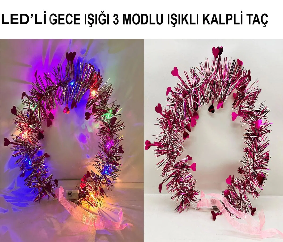 Kalp Püsküllü Gece Parıltısı 3 Modlu Led39li Işıklı Taç Fuşya Renk görsel 3