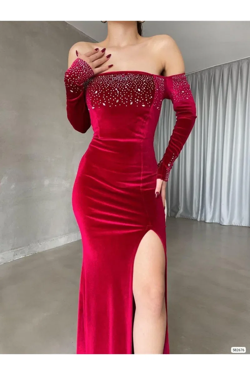 Kadın Bohem Omzu Açık Abiye Elbise görsel 7