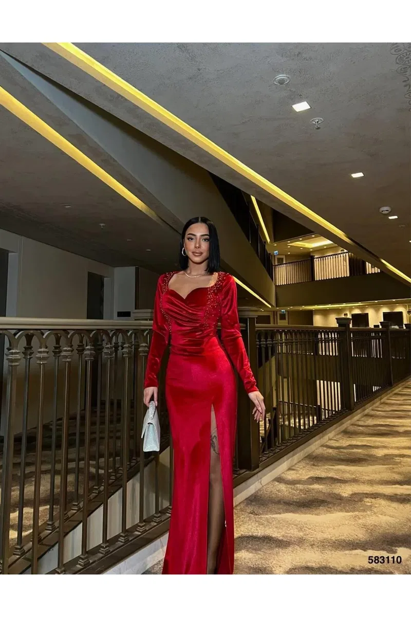 Kadın Şık Tasarım Özel Kesim V Yaka Uzun Kol Abiye Elbise görsel 2