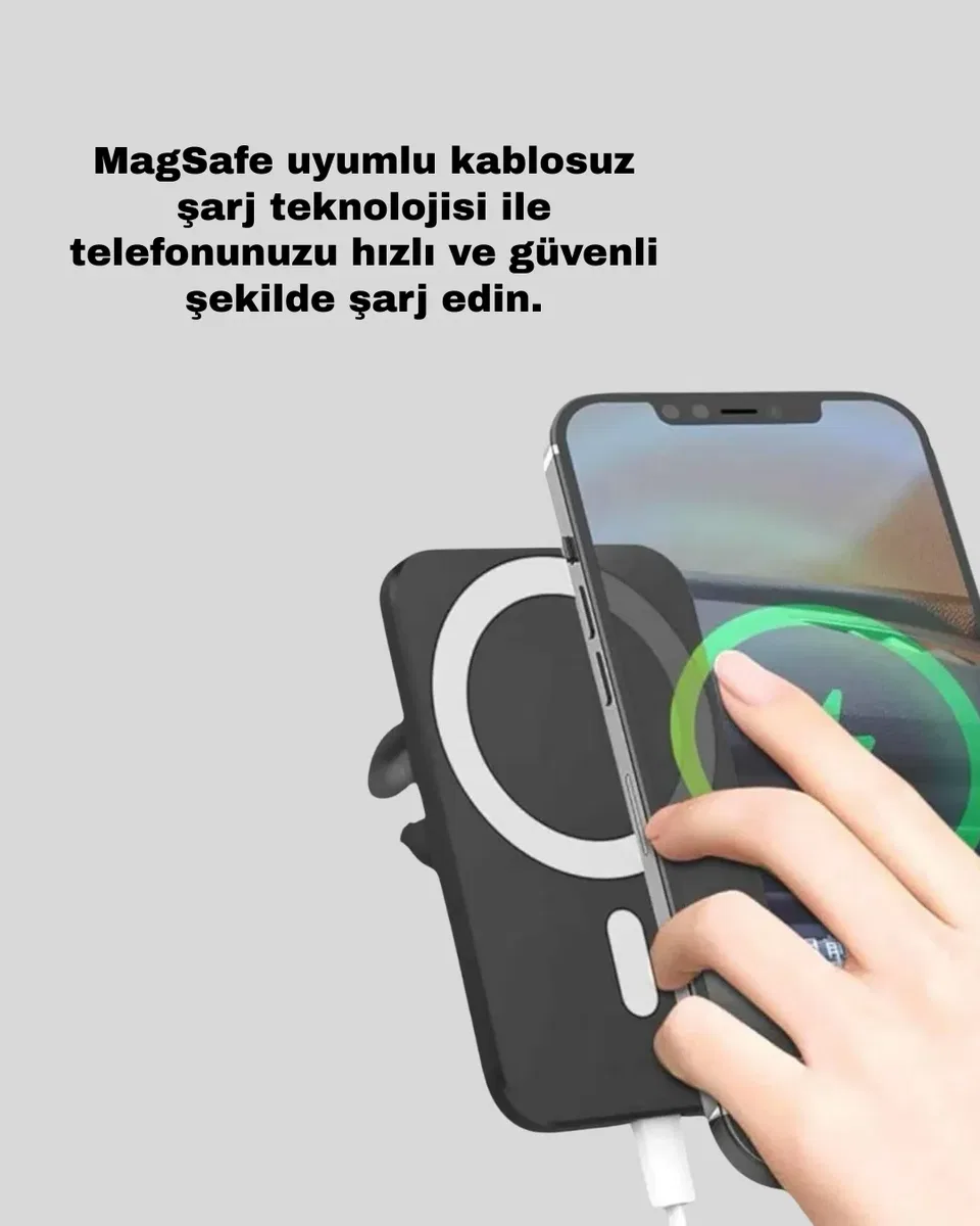 15W Kablosuz Şarj Destekli MagSafe Araç Tutucu Havalandırma Klipsli görsel 2