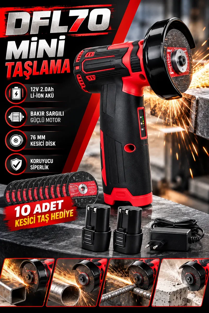 DFL70 Şarjlı Mini Taşlama Makinesi 12V Li-Ion Çift Akü 76 mm Kesici Disk ve 10 Adet Taş