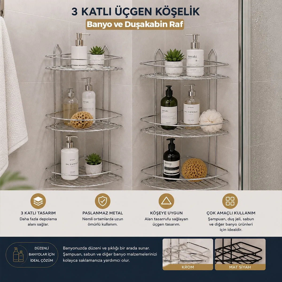 Üç Katlı Üçgen Metal Banyo Köşeliği Krom görsel 4