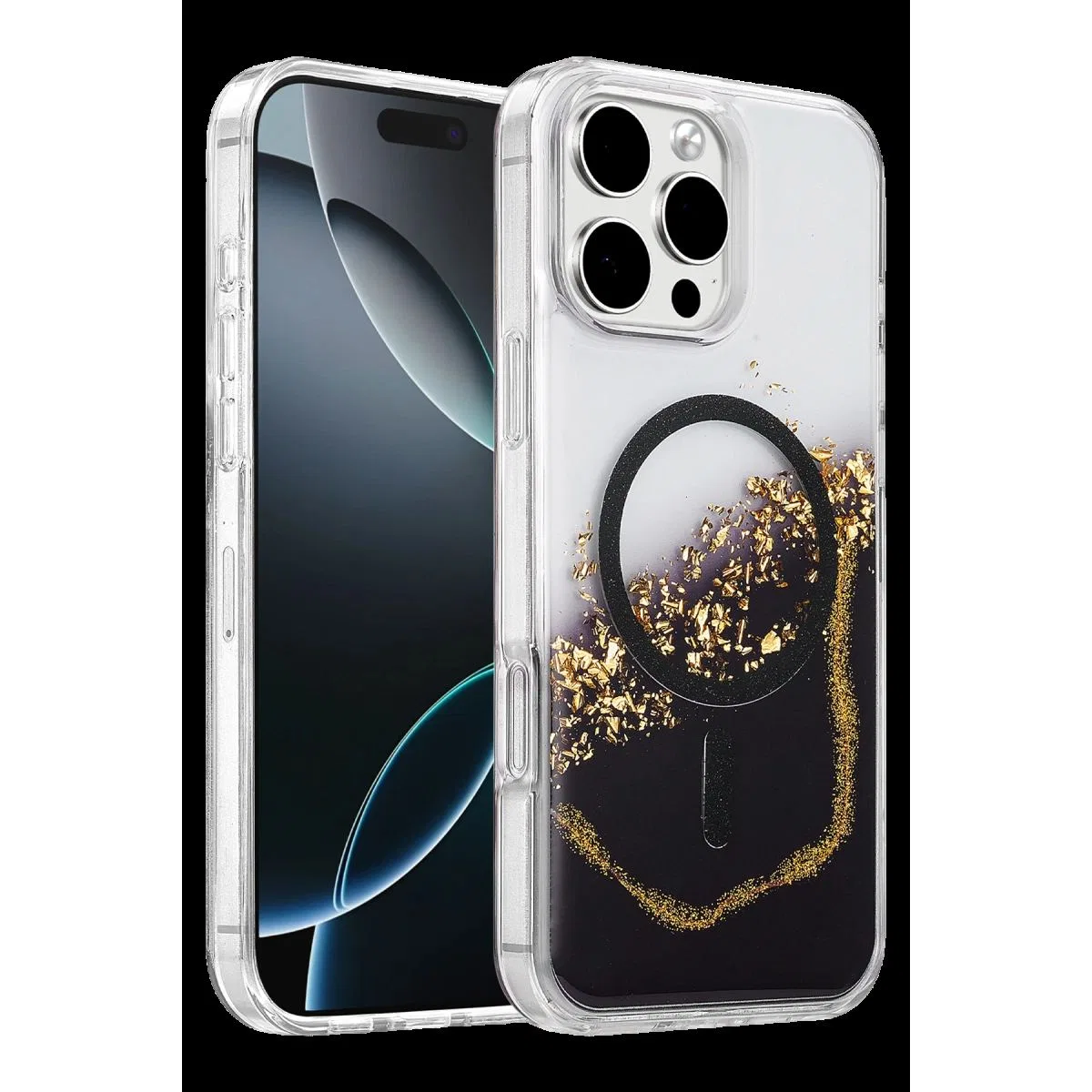 Onegif Apple İphone 16 Pro Max Lotus Simli Magsafe Kapak - Siyah