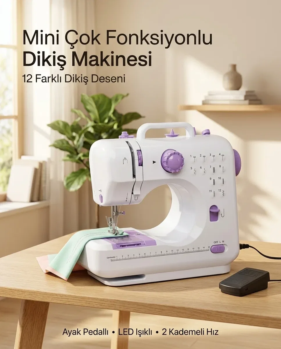Çok Fonksiyonlu Mini Dikiş Makinesi 12 Dikiş Seçenekli 2 Kademeli Hız Ayarlı